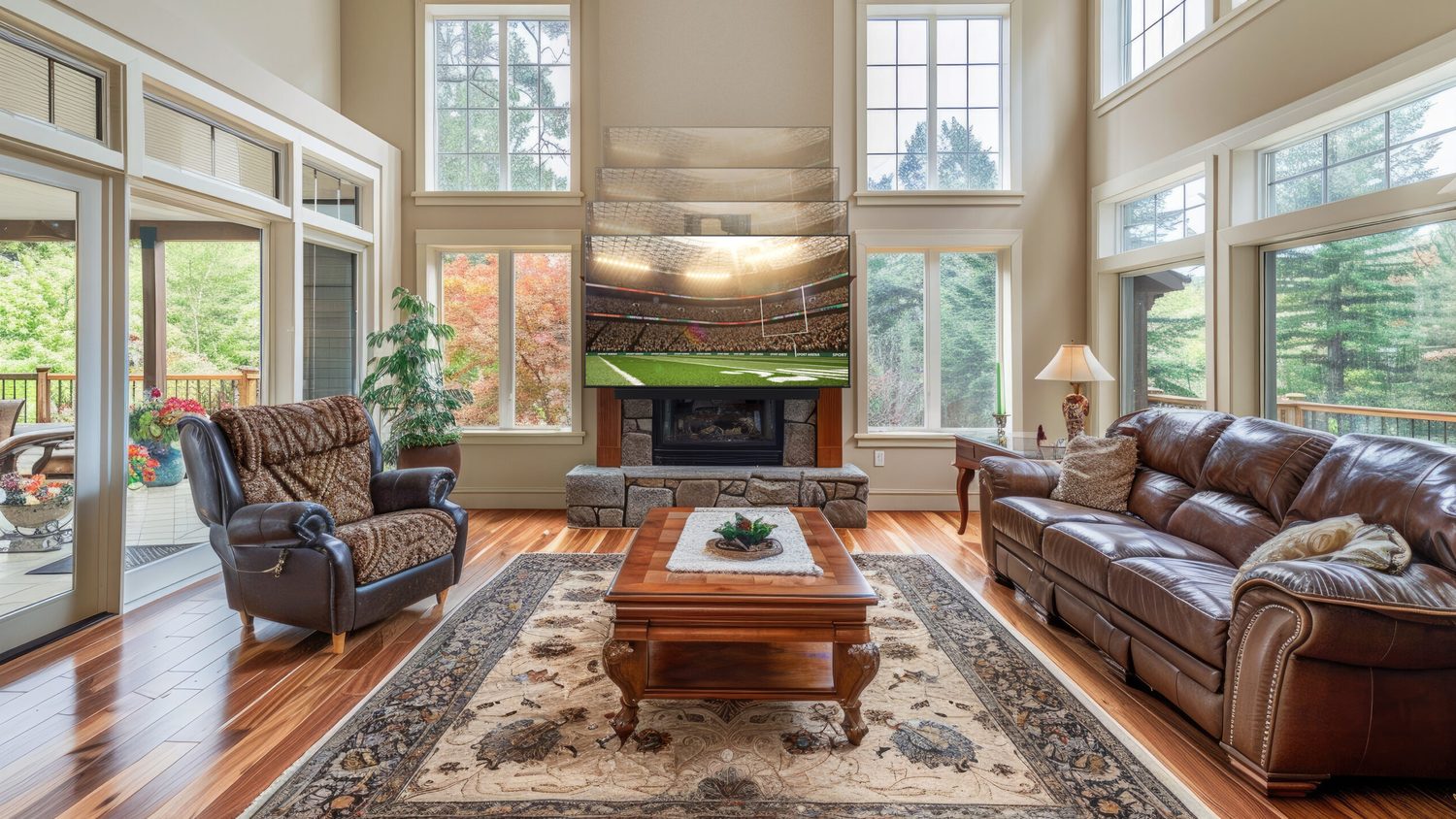 A TV on a MantelMount MAX2 above a stone fireplace, shown at several heights as it lowers toward the mantel